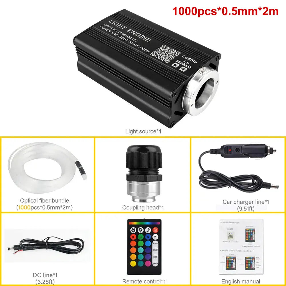Car Home Use APP Control Fiber Optic Light Kit, 16W RGBW Music Mode Star Ceiling Sky Light with 500/1000 Strands 6.5ft/ 2m Optical Fiber Cable, and More Than 10 Million Colors