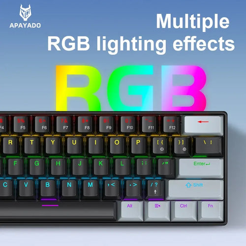 APAYADO K61 60% wired mechanical keyboard in black and grey, featuring phantom RGB lighting and compact 61-key layout.