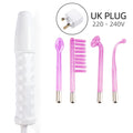 4-in-1 facial beauty wand with white handle, four purple glass electrode attachments, and a UK plug adapter.
