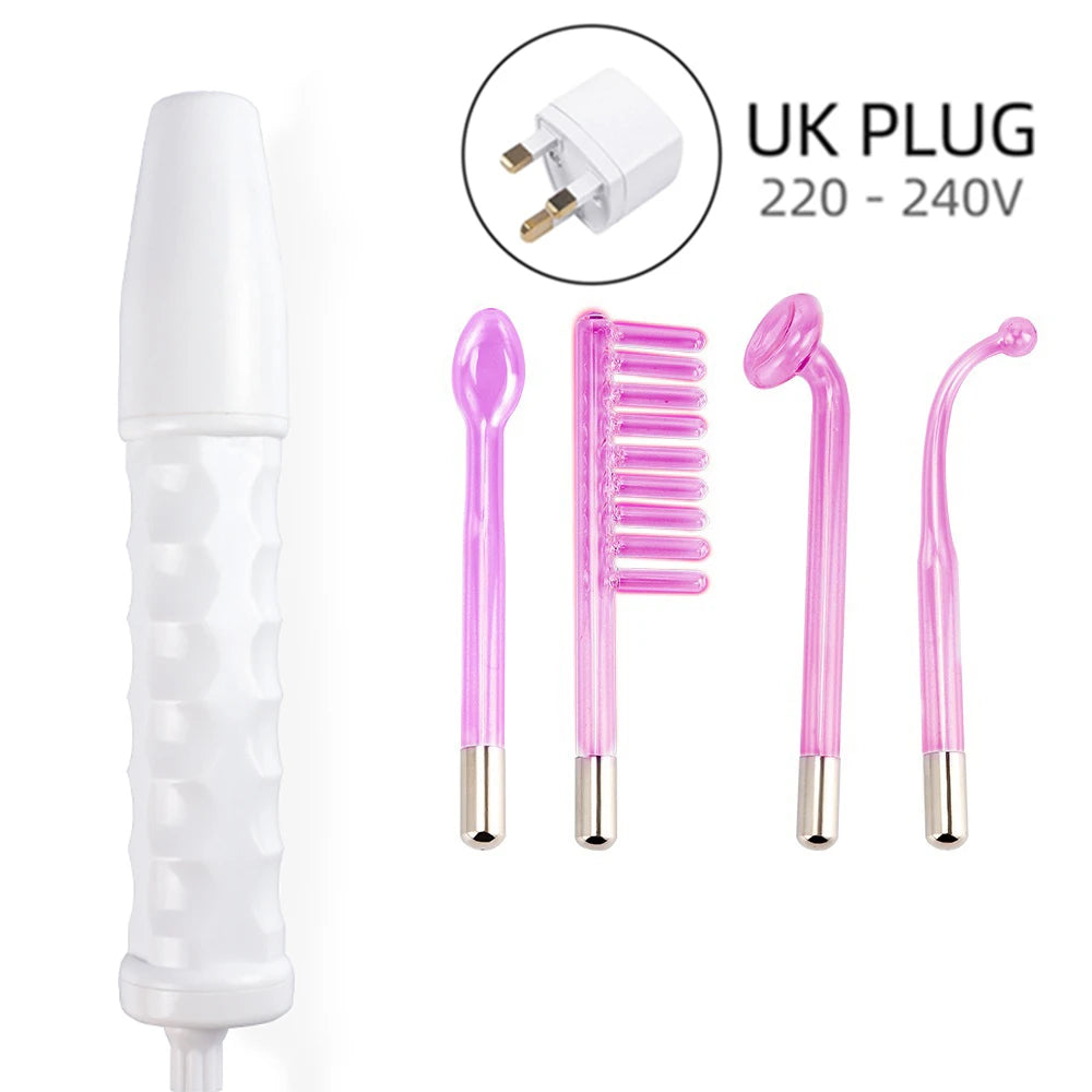 4-in-1 facial beauty wand with white handle, four purple glass electrode attachments, and a UK plug adapter.