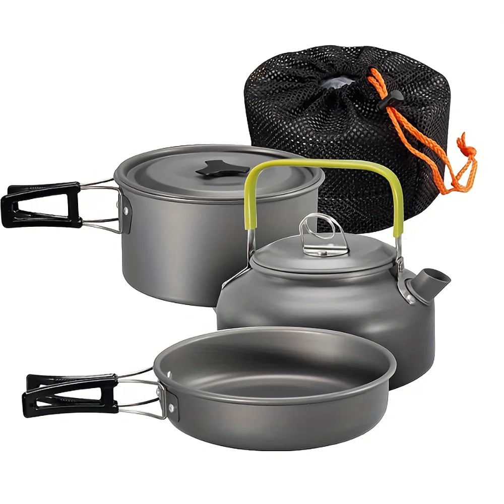 Aluminum camping cookware set with nested pots, kettle, and black mesh storage bag