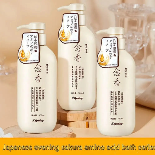 Japanese Amino Acid Shampoo 300ml set, plastic-free alternative side angle view of three evening sakura bottles.