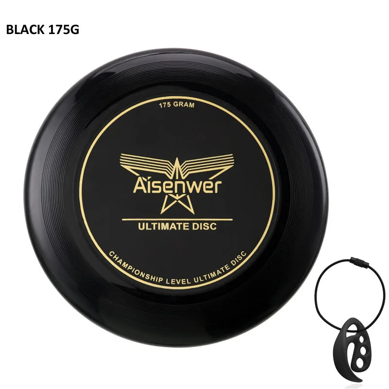 Black 175g professional ultimate flying disc with gold logo and matching carrying clasp on a white background.