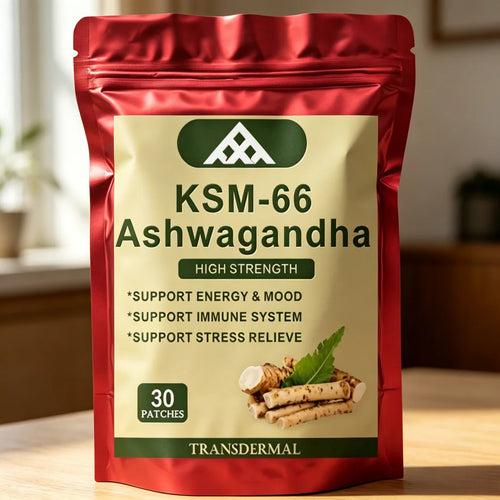 Red pouch of 30 KSM-66 Ashwagandha transdermal patches for stress relief and adaptogen support.