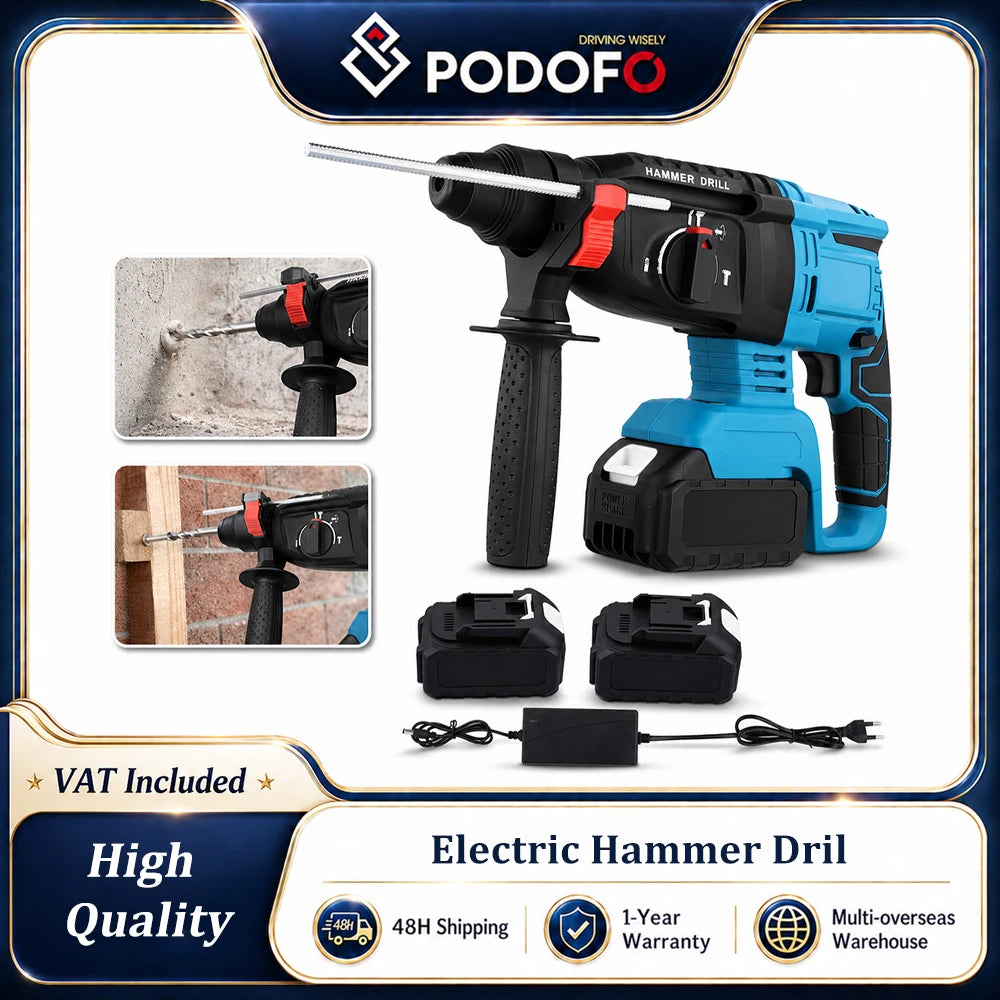 Podofo Brushless Electric Hammer Drill Cordless Impact Drill Power Tools Switch Hammer/Drill/Electric Pick 3-In-1 Multifunctional Rotary Power Tool Battery Drill Power Tools Without Battery