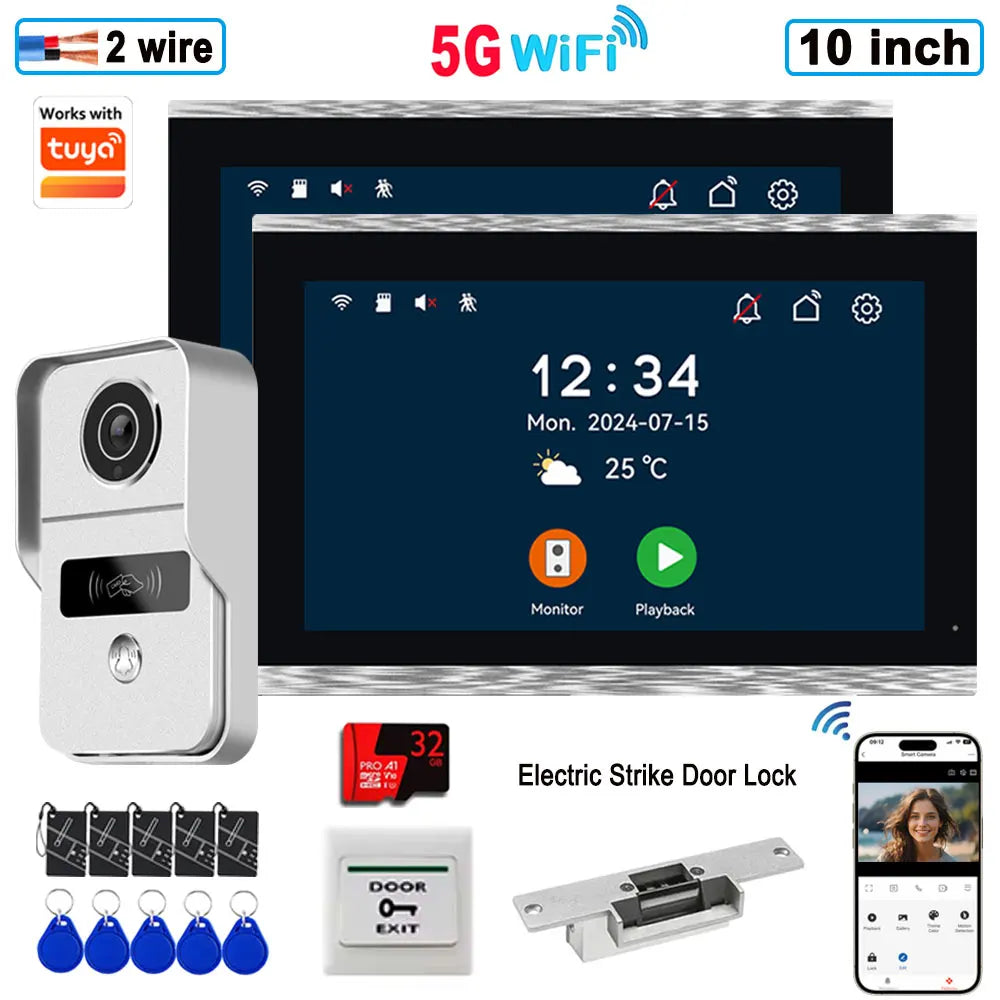 Home Smart Wireless WiFi Video Intercom Doorbell 2 10 inch Screen 1080P 2 Wires Video Doorphone System with Electric Strike Lock