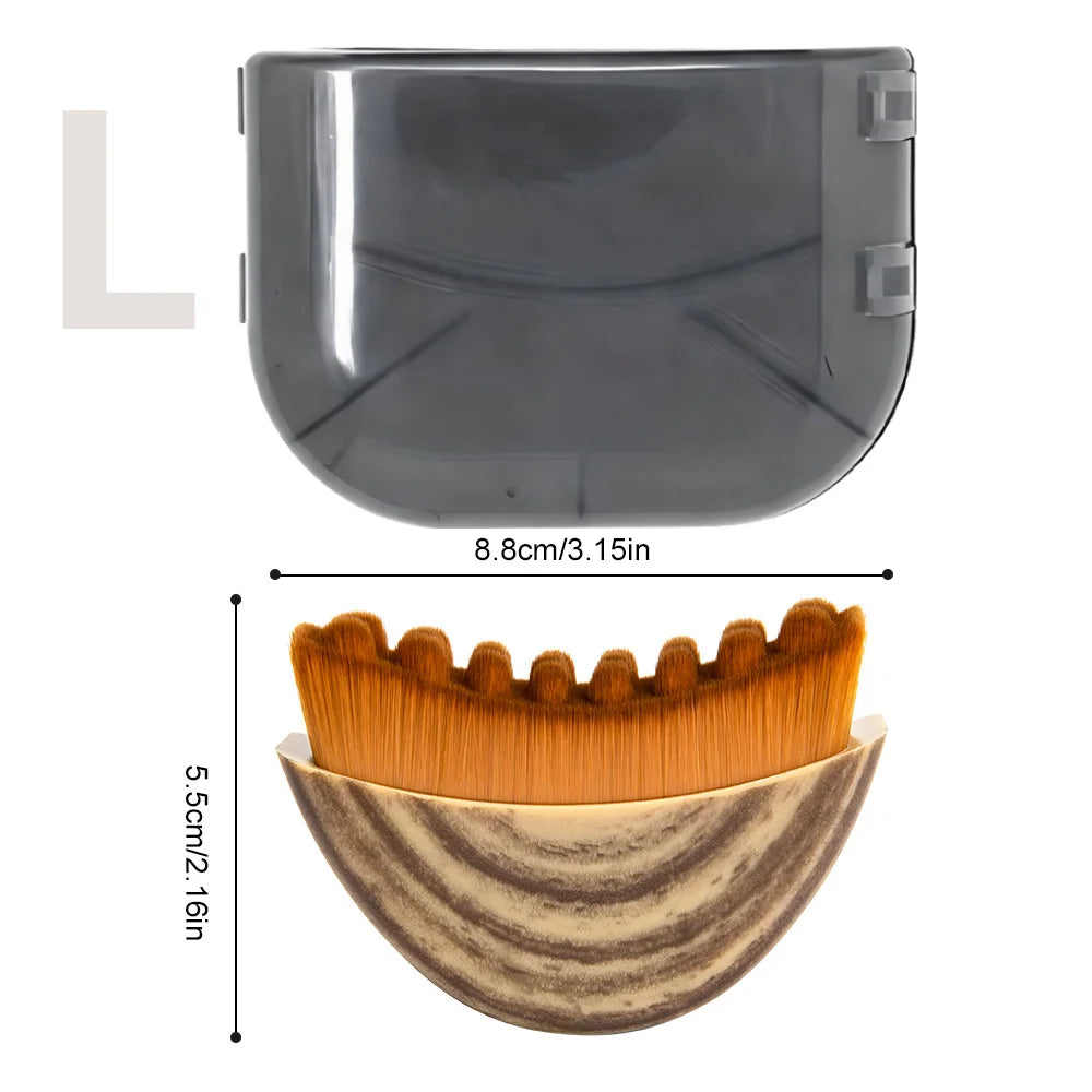 Curved facial massage brush with brown bristles, a wood-grain base, and a grey plastic protective cover with dimensions.