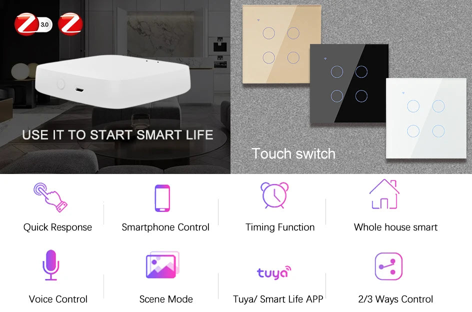 ZigBee 1 2 3 4 Gang with No Neutral Smart Touch Light Switch EU Europe UK Wall Button Tuya Power 2 3 Way Alexa Smart Home Voice
