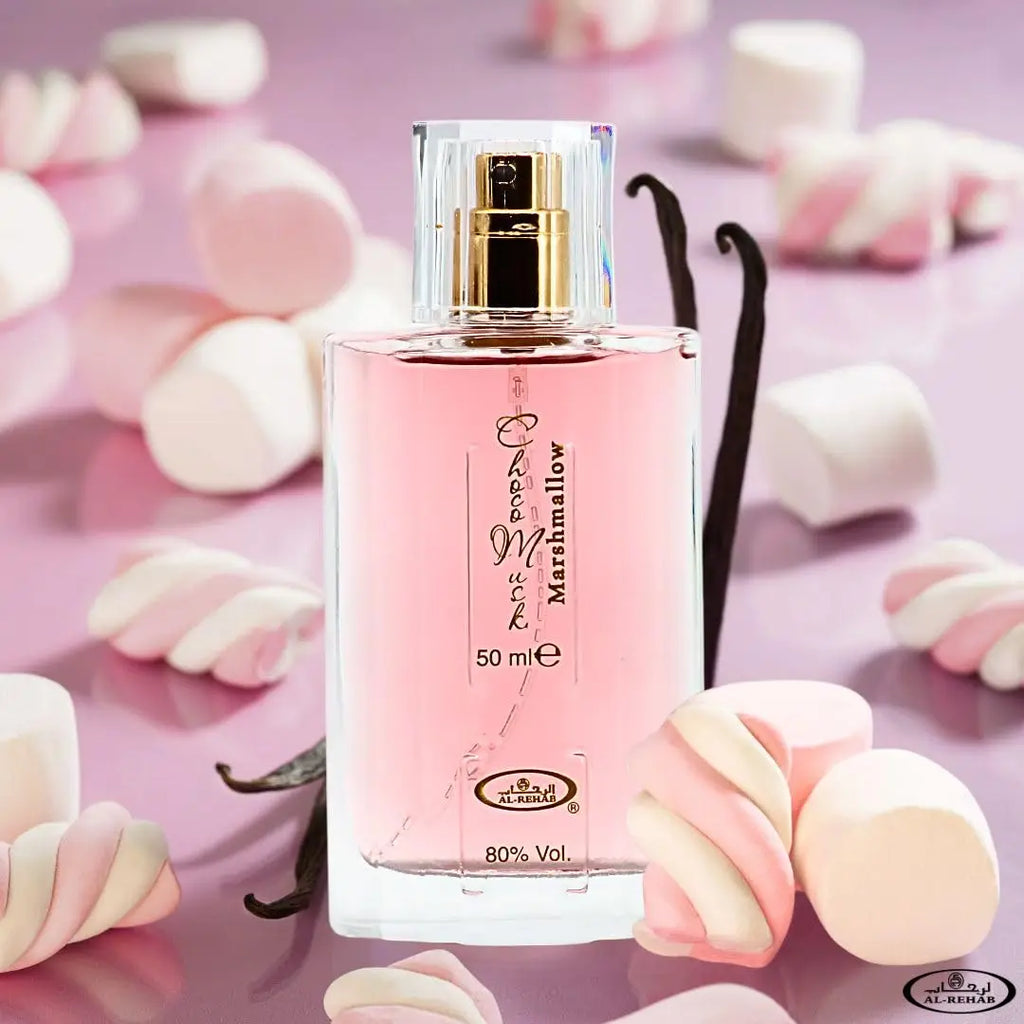 Al-Rehab Choco Musk Marshmallow EDP for women. Rectangular glass bottle, gourmand scent with strawberry, cocoa, vanilla.