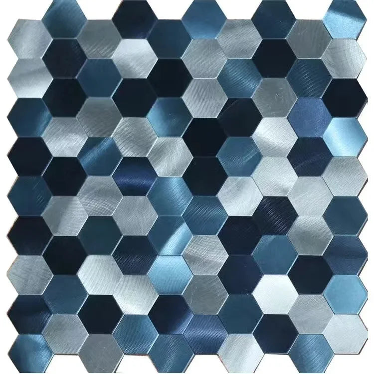 Hexagon peel-and-stick wall tile sheet with blue and teal metallic hex mosaic pattern