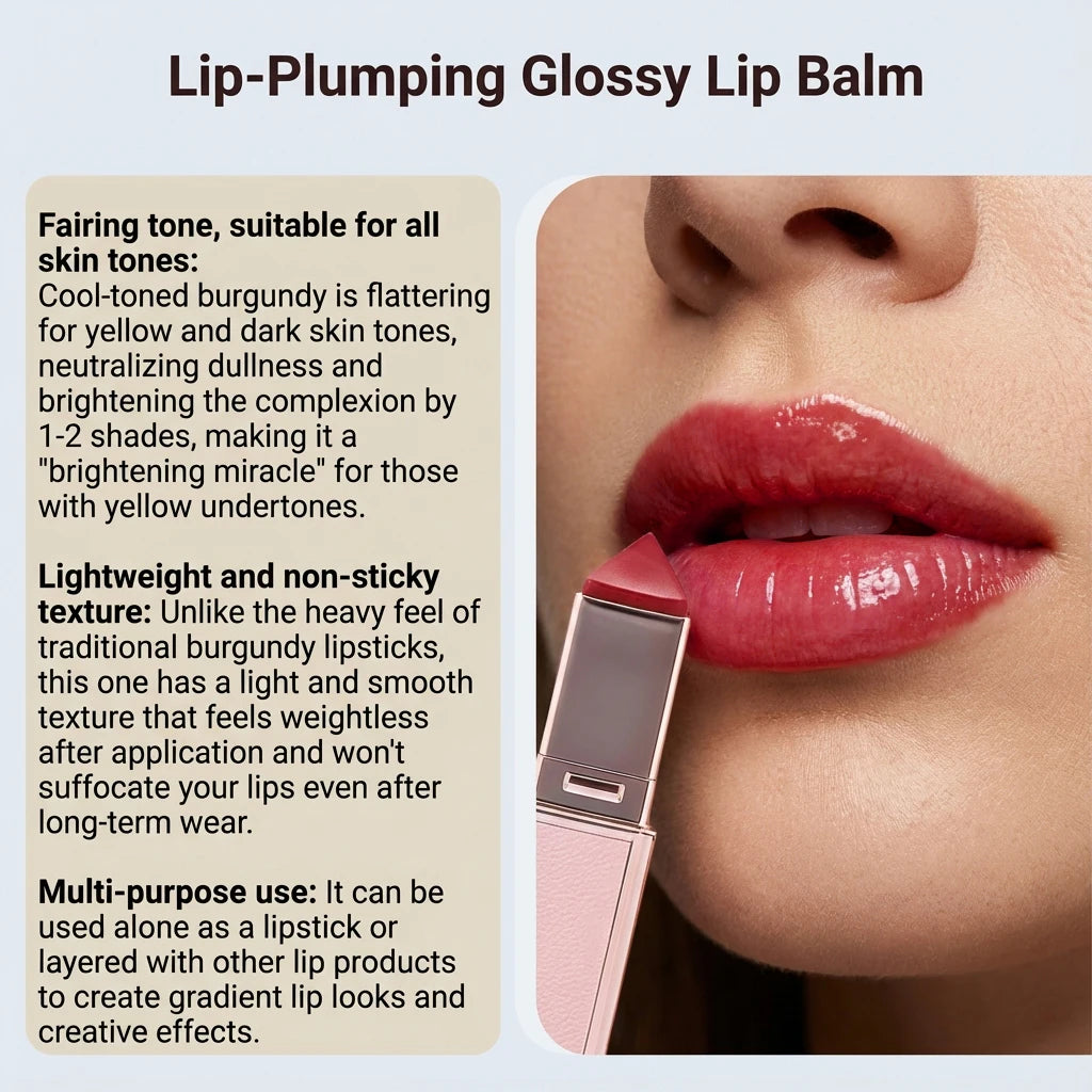 Hydrating burgundy glossy lip balm stick with a smooth, plumping, non-sticky finish for moisturized, brightened lips.