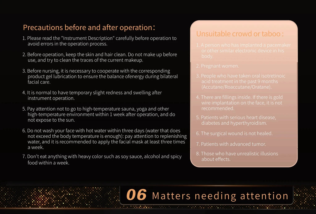 Safety precautions guide for 12D facial lift and skin tightening rejuvenation machine operation.