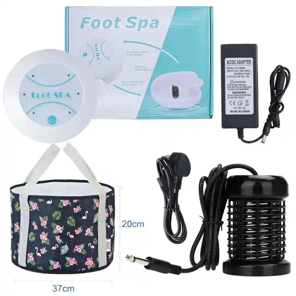 Ionic foot detox spa machine set with portable basin, control unit, power adapter, and detox array for home therapy.