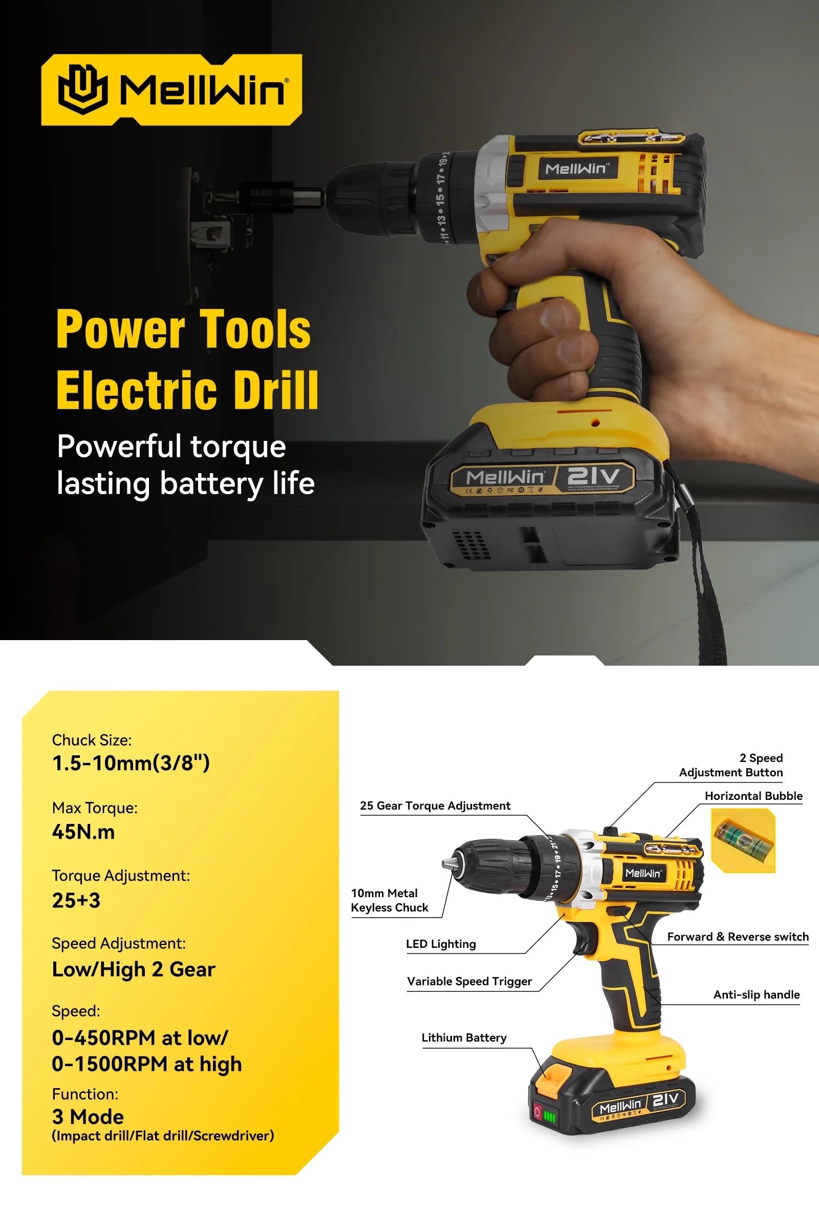 MELLWIN 25+3 Torque Electric Impact Drill Set Multipurpose Cordless Electric Screwdriver Power Tool For Makita 18V Battery Pin