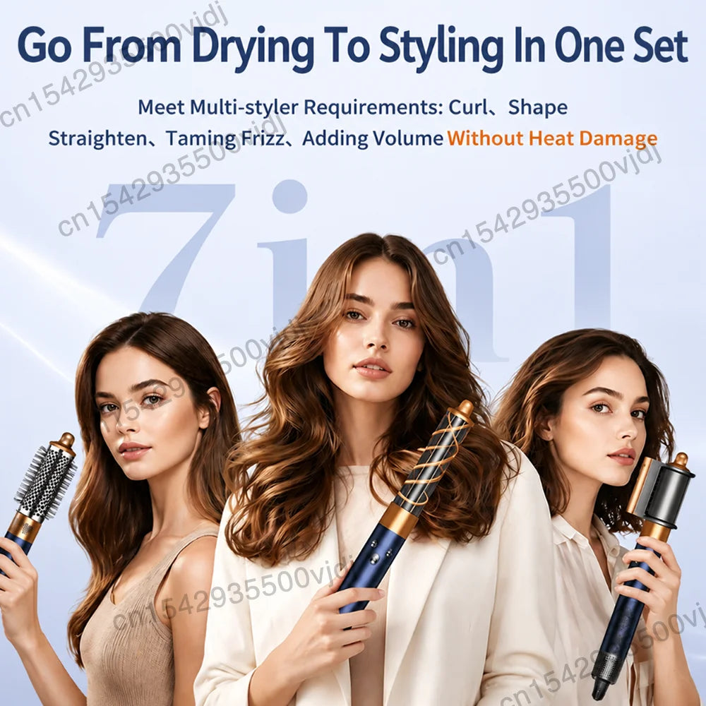 7-in-1 high-speed ionic hair dryer set in blue and gold, featuring curling and styling brush attachments for hair.