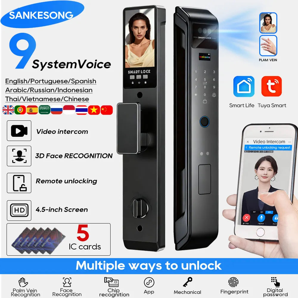 SANKESONG Tuya 3D Face Recognition Smart Lock with Security Camera Digital Electronic Intelligent Fingerprint Lock