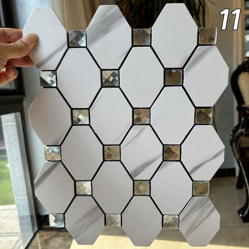 Hexagon peel-and-stick wall tile mosaic, white tiles with silver mirrored insets