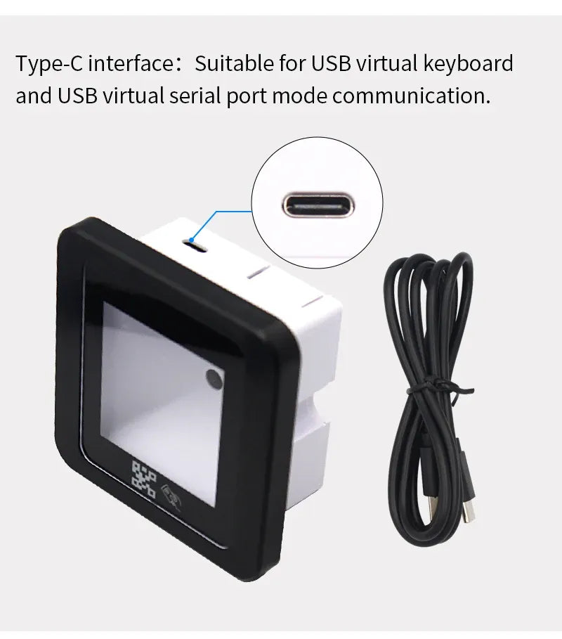 Black and white QR RFID reader box with Type-C port and connected cable