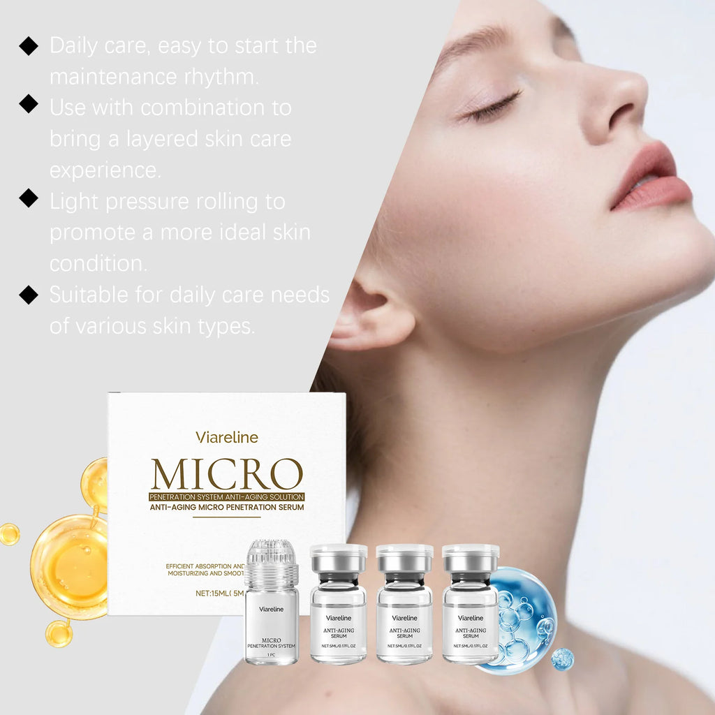 Viareline anti-aging serum set including a micro-needle applicator and three small glass vials of hydrating essence.