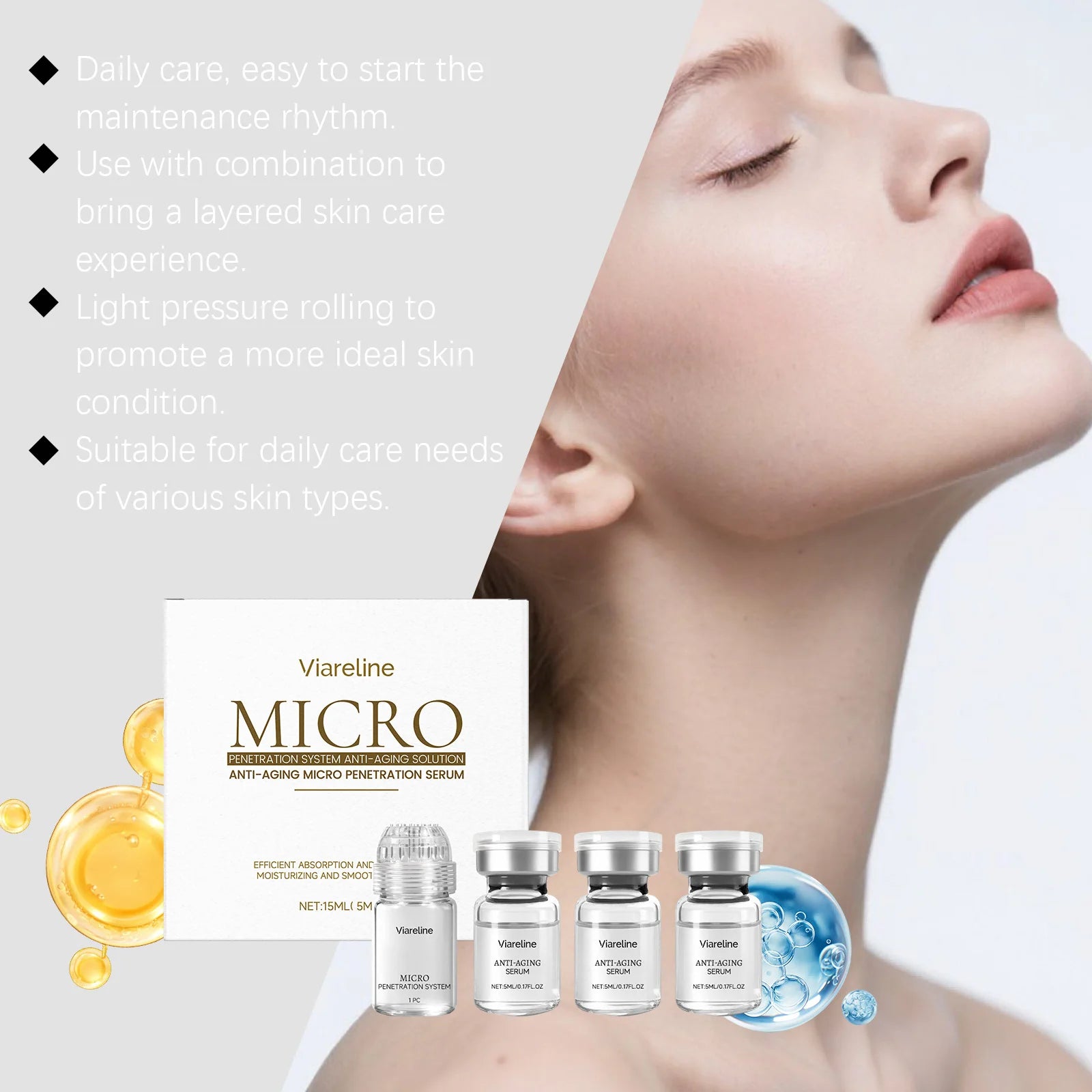 Viareline anti-aging serum set including a micro-needle applicator and three small glass vials of hydrating essence.