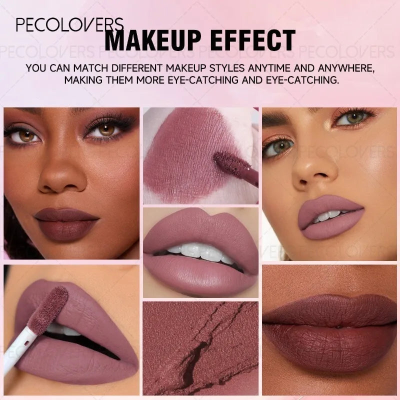 Long-lasting matte lip gloss in mauve and plum shades showing non-drying, plump, smooth lipstick application on lips.