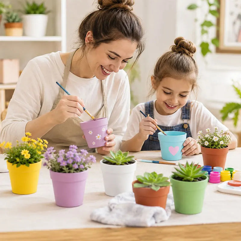 Mini round plastic flower pots with succulents, bright pastel colors arranged on a tabletop