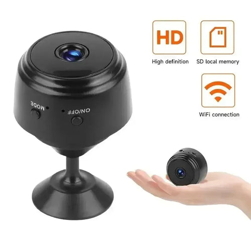 Black mini WiFi security camera with compact lens and tabletop stand