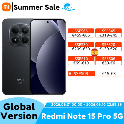 Black Redmi Note 15 Pro 5G smartphone, front and back view, 200MP OIS camera, 6580mAh battery summer sale promo.