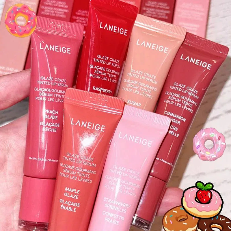 Laneige Glaze Craze Tinted Lip Serum tubes in assorted shades of pink, red, and nude for a glossy, hydrated finish.