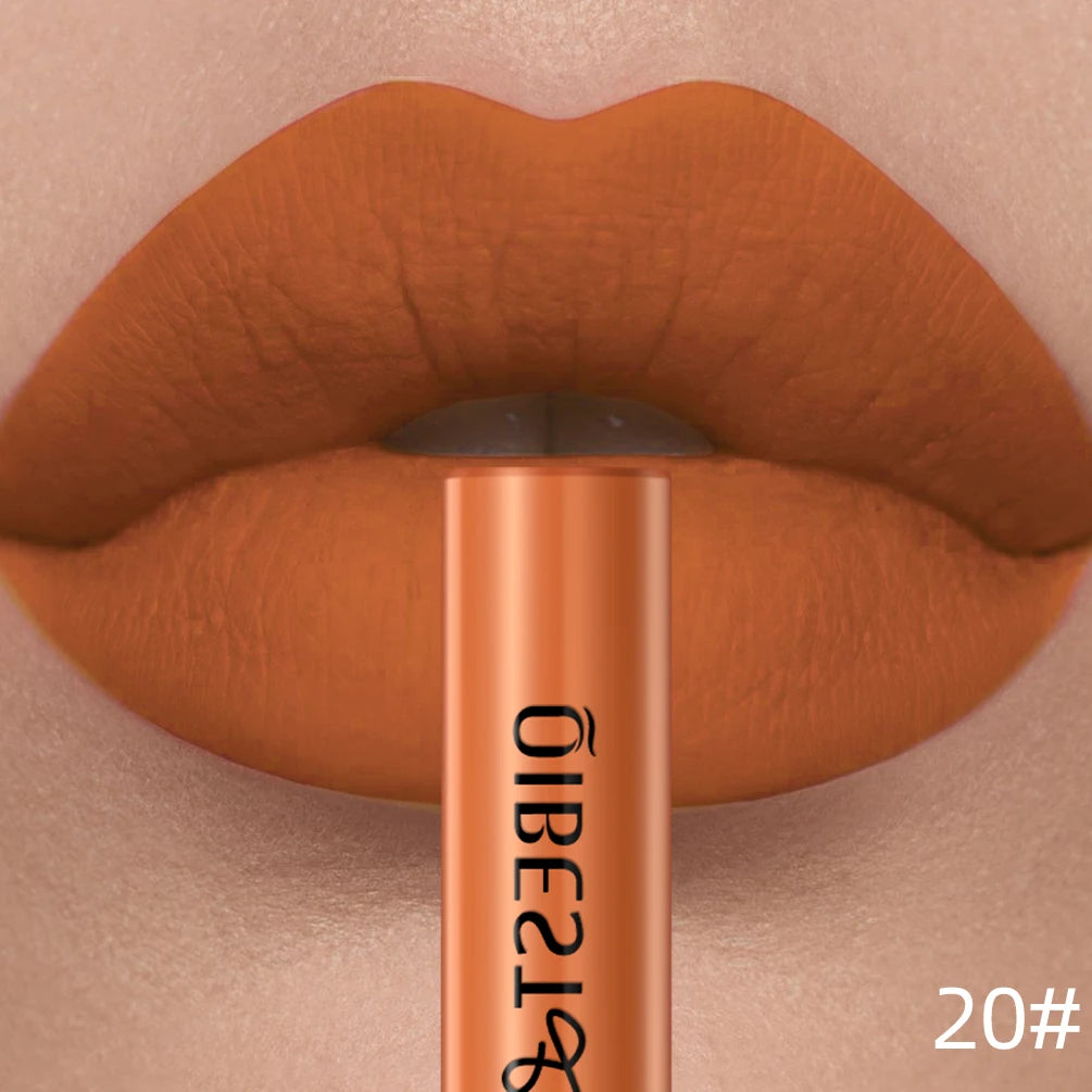 QIBEST matte liquid lipstick, shade 20#, featuring a long-lasting, non-stick velvet orange-brown finish.