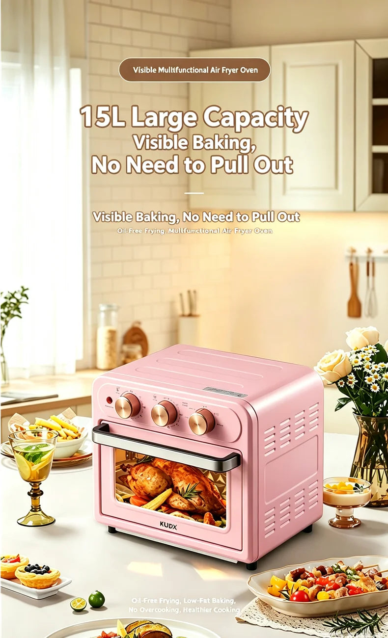 15L Visible Air Fryer Oven Retro Pink Multifunctional Toaster Oven Oil-Free Baking Mini Electric Oven 15.85QT Countertop Oven