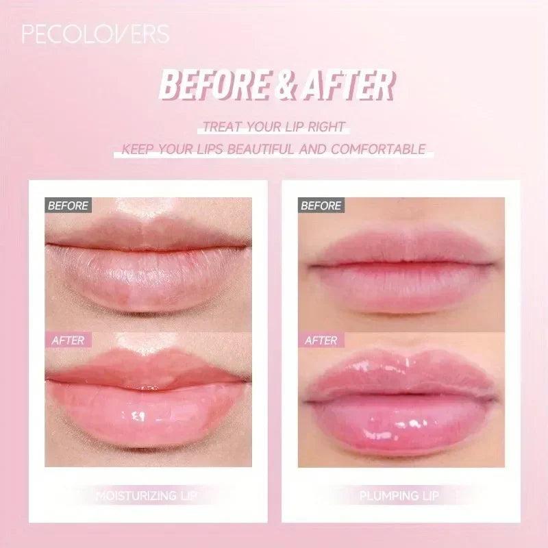 Before and after comparison of crystal jelly lip oil showing shiny, transparent, plumped, and moisturized pink lips.