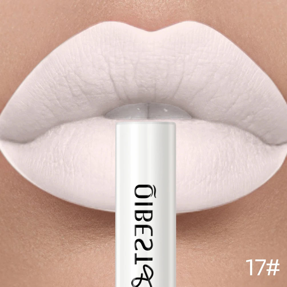 QIBEST velvet matte liquid lipstick in white shade 17, long-lasting nonstick lip makeup for a smooth, bold finish.