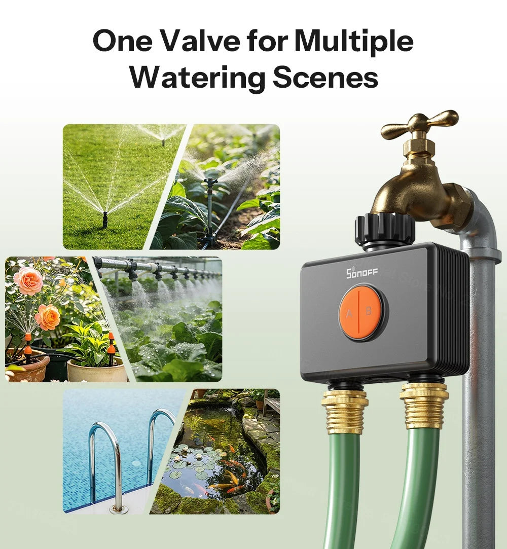 SONOFF Garden Watering Timers 2 Outlet Sprinkler Hydro DUO Dual-Channel Zigbee Smart Water Valve With Flow Meter SWV-ZF2E