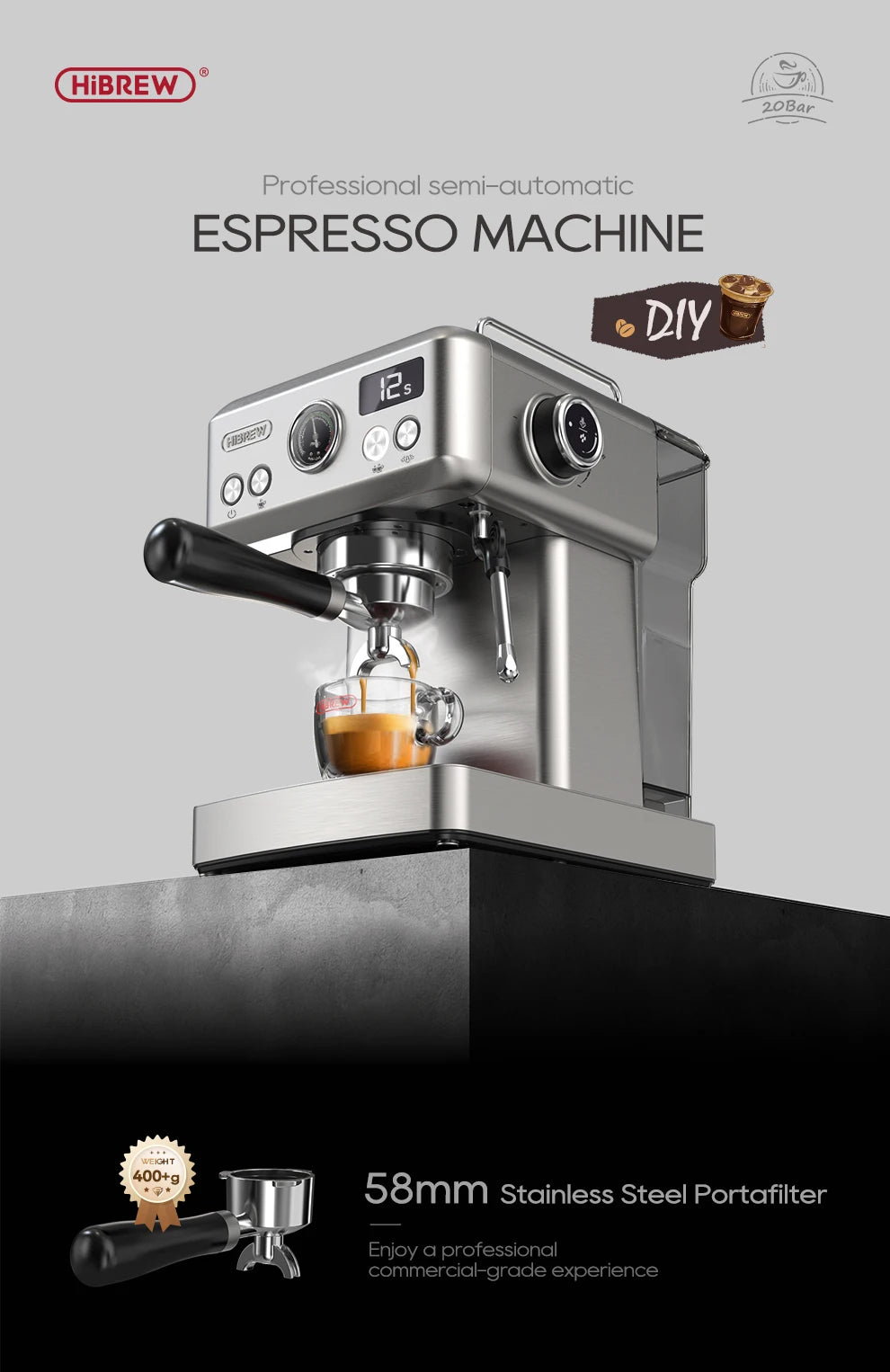 HiBREW 20-bar semi-automatic silver stainless steel espresso machine with 58mm portafilter and digital display.