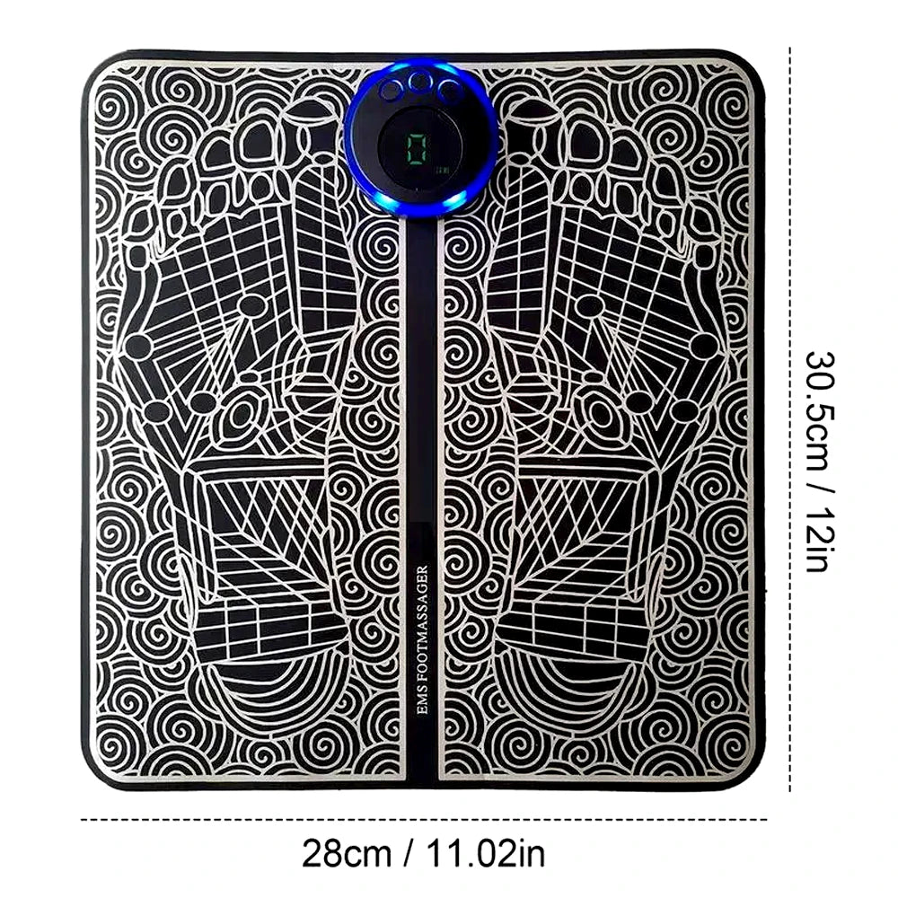 Rechargeable EMS foot massage mat with digital display, black and white printed pattern, for home muscle relaxation.