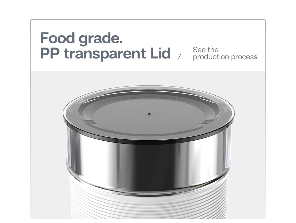 Food-grade transparent PP lid on a sleek white and stainless steel coffee or tea maker container.