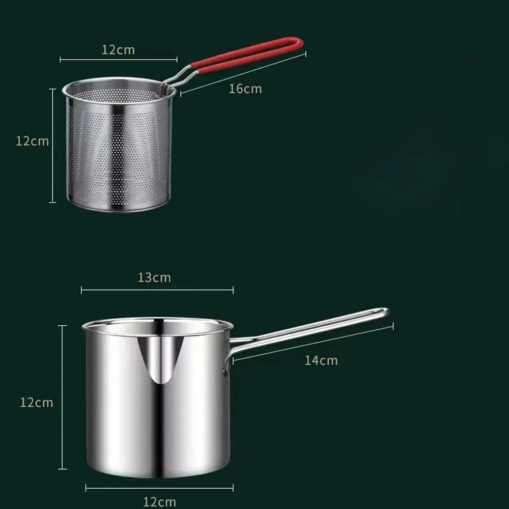 Stainless steel deep fryer and perforated basket with red handle, size diagram