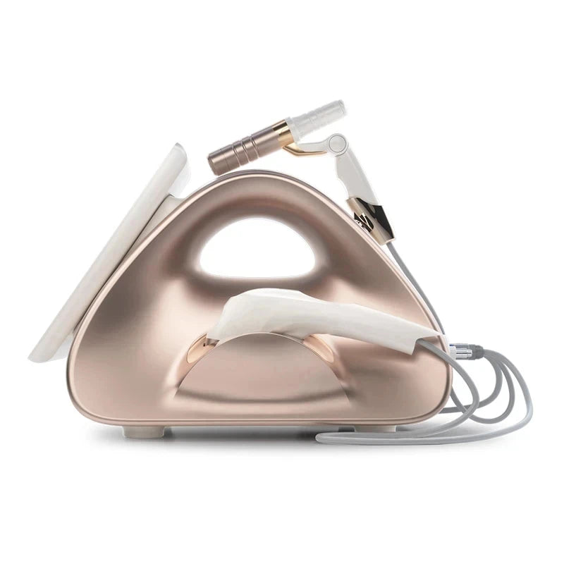 Rose gold facial skincare device with two white ergonomic wands and a tablet screen for professional beauty treatments.