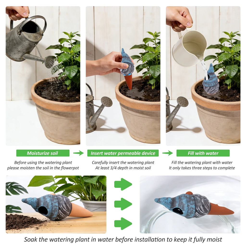 Self-watering globe spike set shown with watering and soil steps