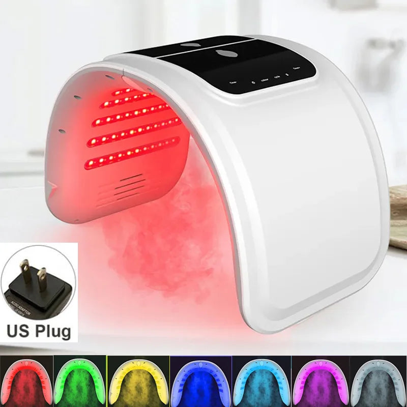 White arched LED facial rejuvenation device emitting red light, with a control panel and US plug inset.
