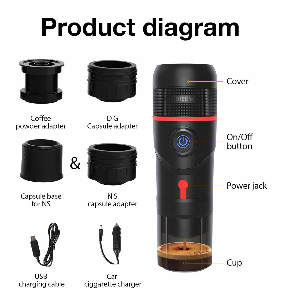 HiBREW portable espresso maker diagram showing black multi-capsule coffee machine, adapters, and power accessories.