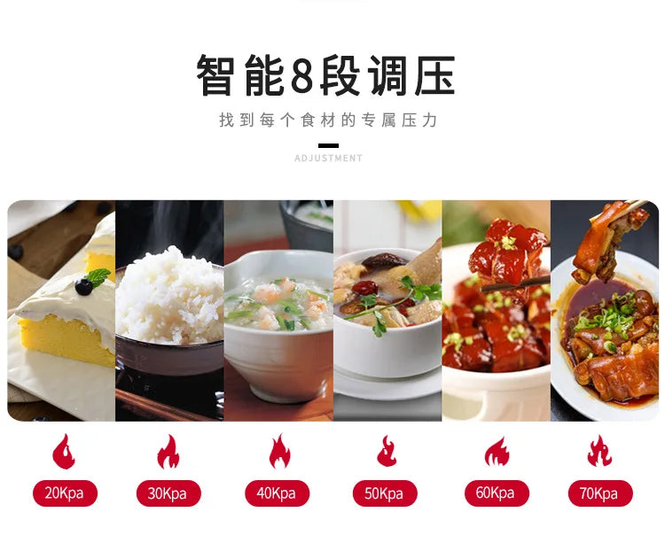 Electric pressure cooker with multi-function pressure cooking settings shown by food examples.