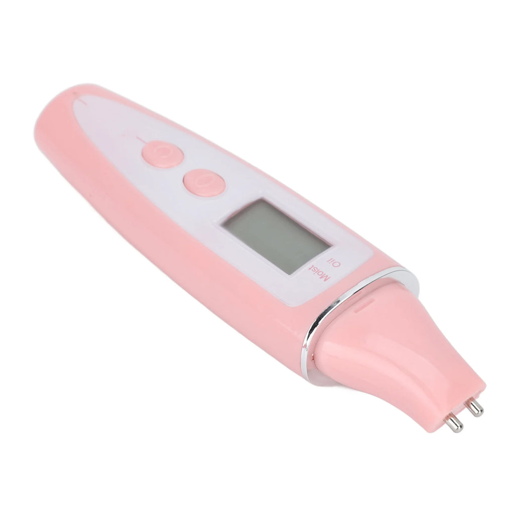 Portable pink facial skin analyzer pen with LCD display for home moisture and oil skin testing.