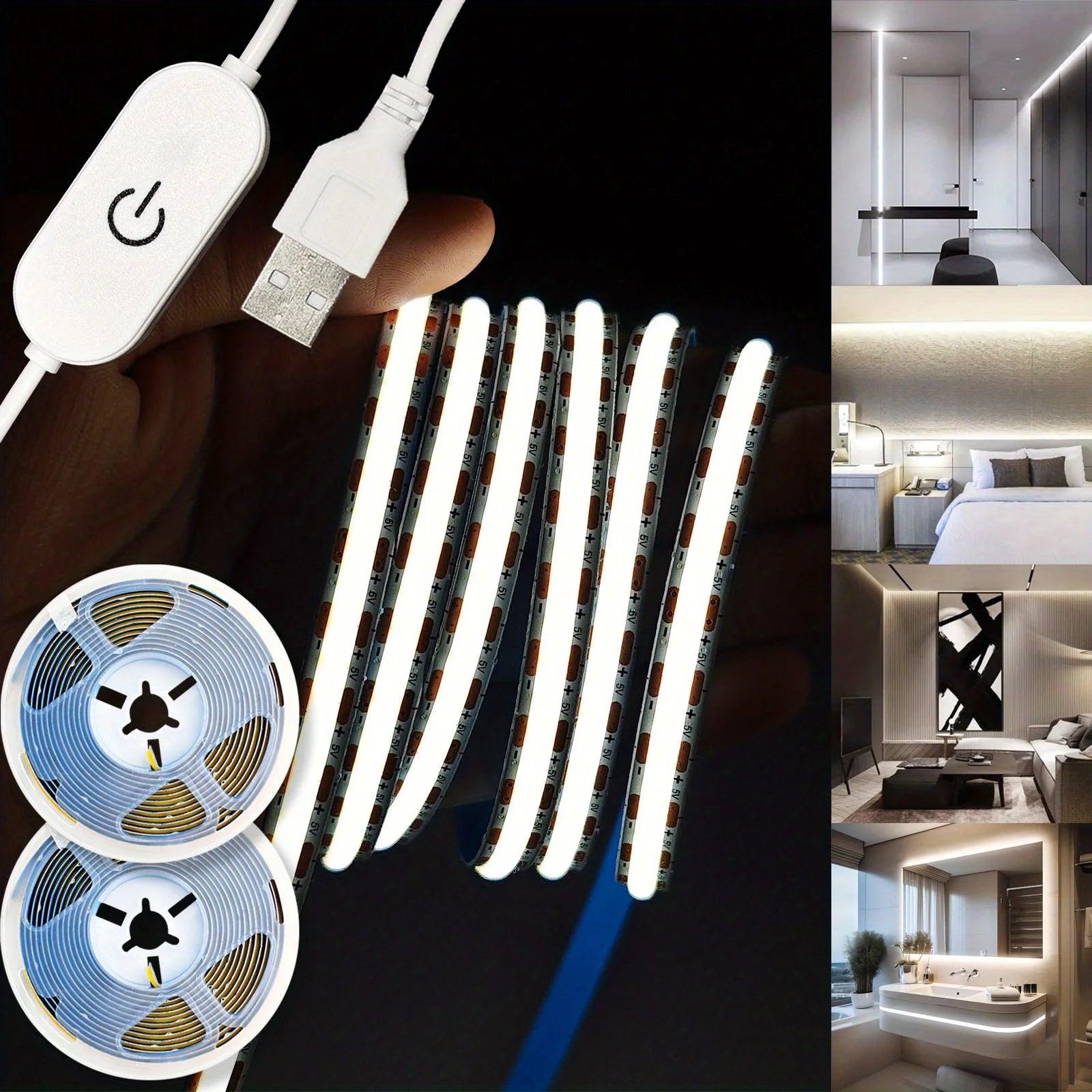 COB LED Strip Lights With Touch Dimmer 5V High Density Linear Lighting with Adhesive Tape DIY Lamp For Living Room Cabinet Decor