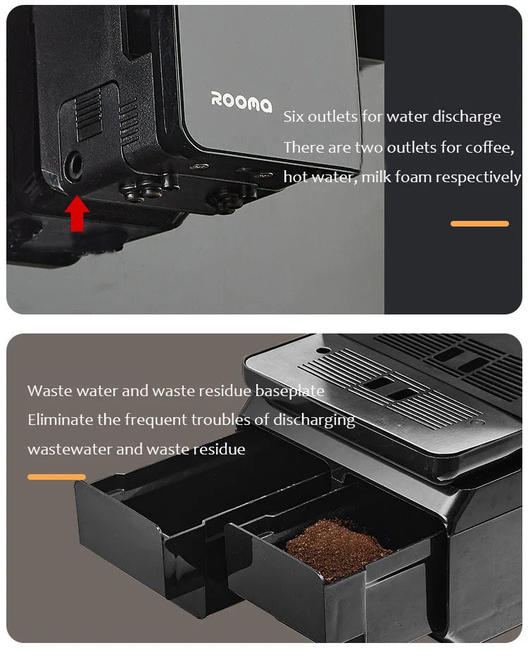 Rooma coffee machine with multi-outlet spout and slide-out waste residue and wastewater tray in sleek black plastic.