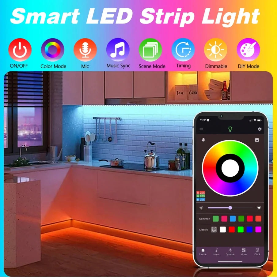Smart RGB LED strip light with app control and multiple lighting modes