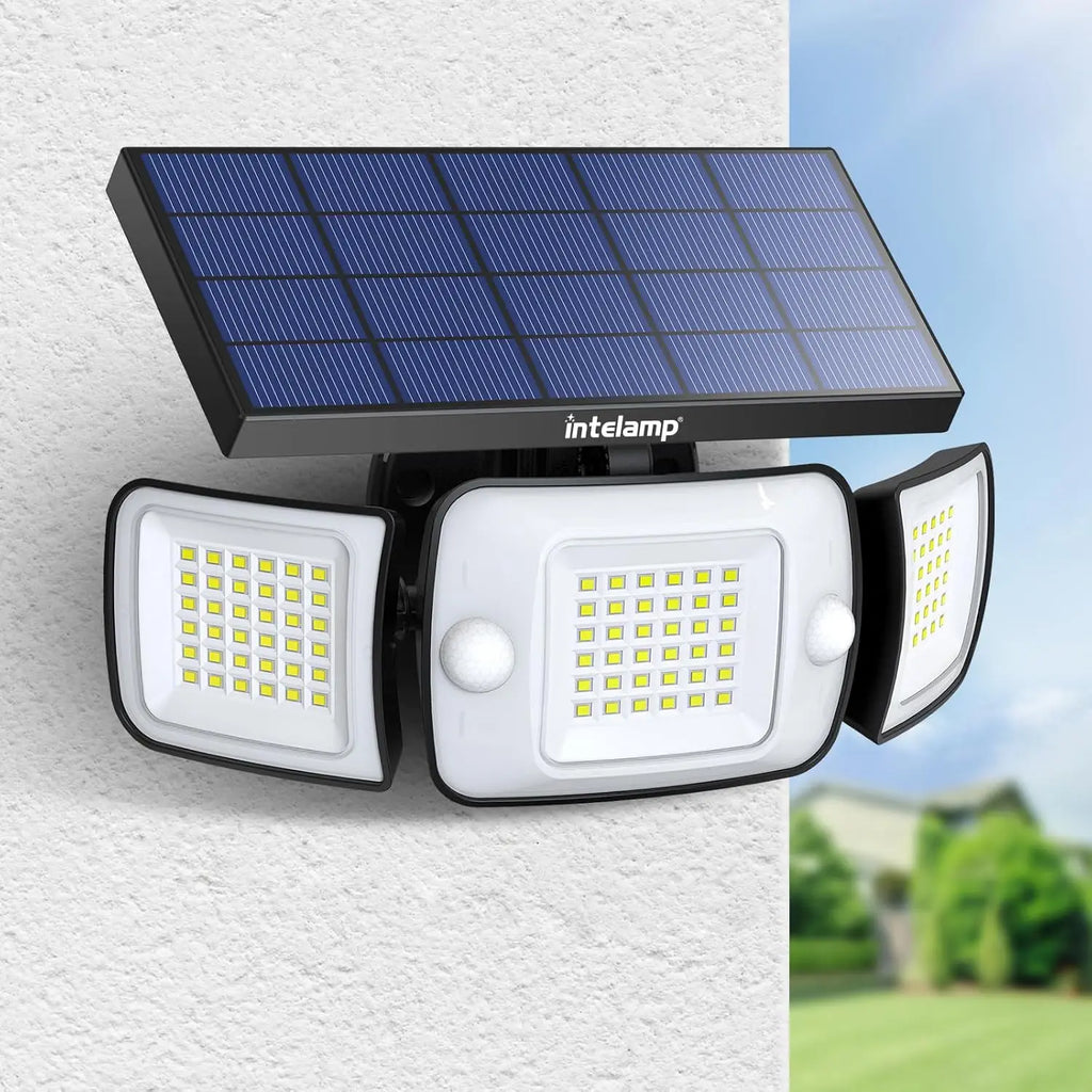 Intelamp Outdoor Solar Lights 4000mAh Battery With Two Motion Sensor 1200LM Bright IP65 Wall Lamp For Garden Yard Path Garage