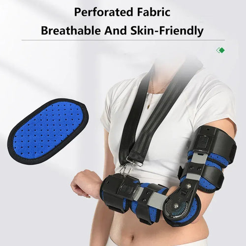 Breathable hinged elbow brace for orthopedic pain relief, featuring blue perforated fabric and adjustable straps.
