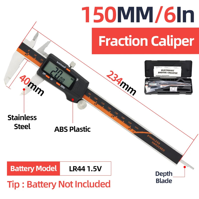 Fraction digital caliper with LCD display, stainless steel blade, ABS plastic housing.